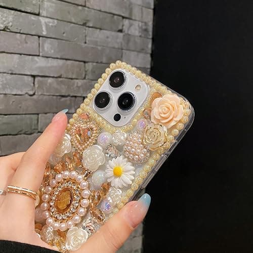 iFiLOVE for iPhone 14 Pro Bling Diamond Case with Flower Strap, 3D Luxury Sparkle Glitter Crystal Rhinestone Pearl Love Rose Wristband Bracelet Case Cover for Girls Women Kids (Champagne) thumbnail 2