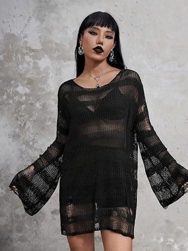 Verdusa Women's See Through Round Neck Drop Shoulder Sweater Long Flare Sleeve Knit Top thumbnail 4