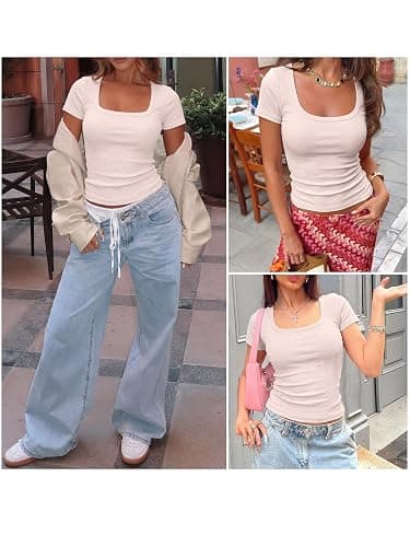 ANRABESS Women Short Sleeve Tops Scoop Neck Ribbed Knit Slim Fitted Basic Tee Shirt Casual Summer Clothes 2026 Spring Outfits thumbnail 7