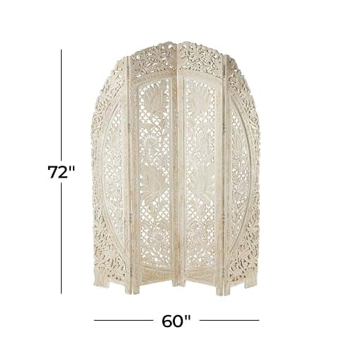 Deco 79 Wood Floral Handmade Foldable Arched Partition 4 Panel Privacy Screen with Intricately Carved Designs, Room Divider 60" x 2" x 72", White thumbnail 3