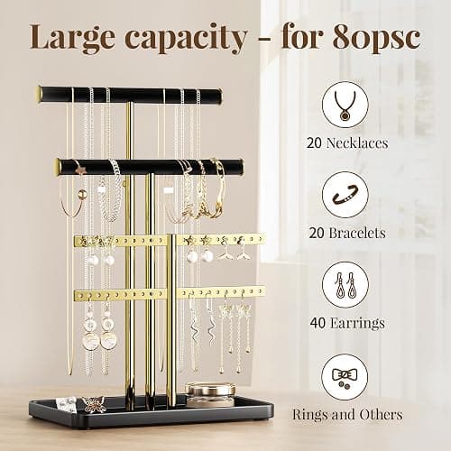 pickpiff Jewelry Holder Organizer with Velvet, Adjustable 10"-17" Tall, Metal Stand for Display Bracelet, Necklace, Earrings, Rings, Black and Gold thumbnail 3
