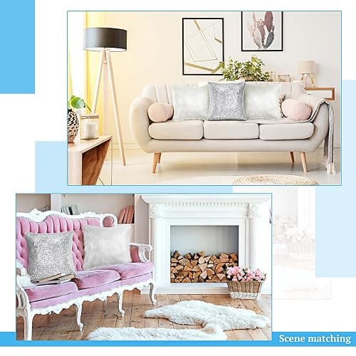 Irenare 4 Pcs Sequin and Fluffy Pillow Covers Winter Throw Pillow Cases Soft Cushion Cover for Couch Bed Sofa Xmas Day(18 x 18 Inch,White, Silver) thumbnail 5