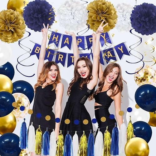 YGYXMY Birthday Decorations for Men, Navy Blue and Gold Party Decorations Set - Happy Birthday Banner, Balloons, Tissue Pompoms, Swirls, Tassels Garland thumbnail 6