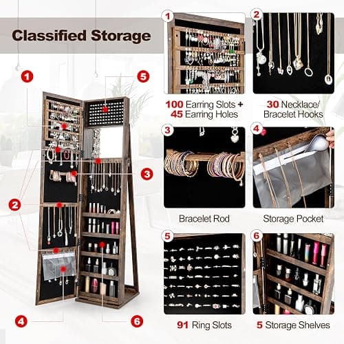 CHARMAID Jewelry Armoire with Full Length Mirror, Lockable Standing Jewelry Cabinet Organizer with Large Storage Capacity, Inside Makeup Mirror, Stable Base, Easy Assembly (Rustic Brown) thumbnail 4