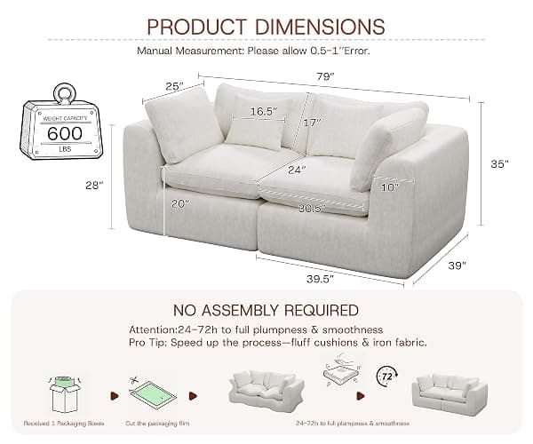 GRUSIGN 79'' Oversized Boneless Cloud Loveseat for Living Room, Modern Big Sectional Compressed 2 Seater Couch with 2 Throw Pillows, Comfy Chenille Deep Seat Foam Spineless 2 Person Couch, Beige thumbnail 2