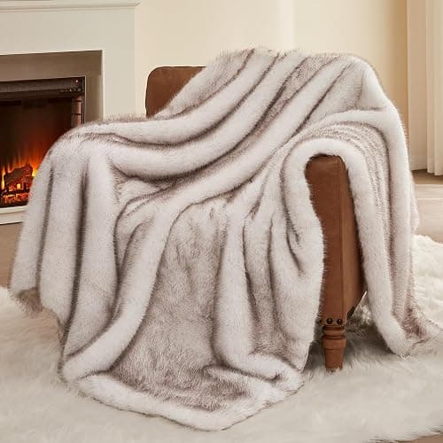 L'AGRATY Faux Fur Throw Blanket: 60''x 80'' Luxury Fluffy Plush Thick Faux Fur Blanket for Bed Couch Sofa - Cozy Soft Fuzzy Blankets for Women Man: Minky Couture Decoration Blanket (White Beige) thumbnail 2