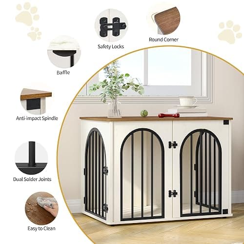 Hzuaneri 31.5'' Wooden Dog Crate Furniture, Indoor Dog Kennel Dogs Cage for Small/Medium Dogs, Heavy Duty Dog Crates Decorative Pet House End Side Table TV Stand, White Brown DFC85114B thumbnail 7