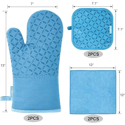 KEGOUU Oven Mitts and Pot Holders 6pcs Set, Kitchen Oven Glove High Heat Resistant 500 Degree Extra Long Oven Mitts and Potholder with Non-Slip Silicone Surface for Cooking (Sky Blue) thumbnail 3