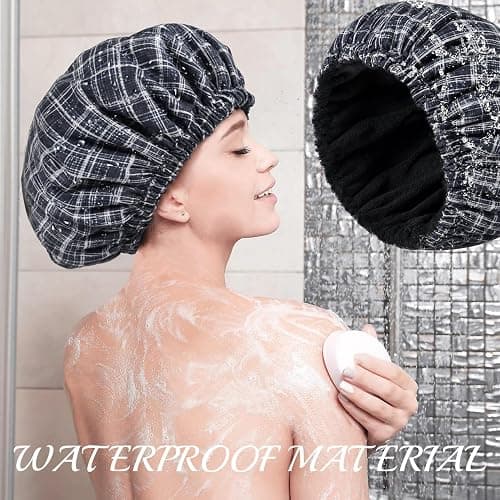 Shower Cap for Women Terry Lined Bath Cap Large Reusable Waterproof Elastic Black Plaid Shower Caps for Long Thick Hair Soft Bath Shower Hair Caps thumbnail 3
