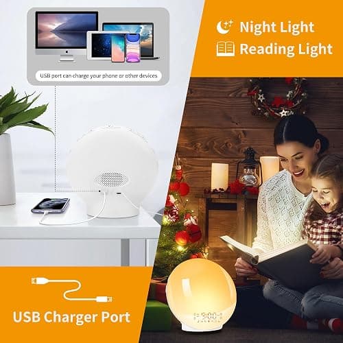 Eveil Lumière LED Radio Réveil Matin Lumineux Lampe de Chevet 20 Niveaux de Luminosité Simulateur d'Aube et Crépuscule 2 Réveils 7 Sons Naturels Fonction Snooze Veilleuse Enfant 11 Couleurs (Jaune) thumbnail 6