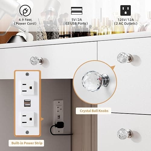 VOWNER Vanity with Lighted Mirror - Makeup Vanity Desk with Power Outlet and 7 Drawers, 3 Color Lighting Modes Adjustable Brightness, 44" Vanity Table with Soft Cushioned Stool for Women Girls, White thumbnail 4