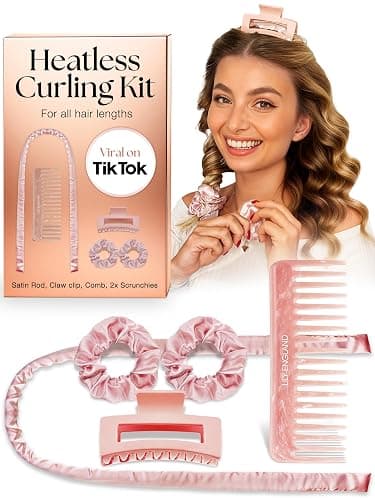 Lily England Heatless Hair Curlers to Sleep In - No Heat Curling Gift Set Includes Satin Headband, Hair Clip, Comb & 2 Scrunchies - Sleek & Smooth Overnight Curls (Pink, 5 Pack) - Image 1