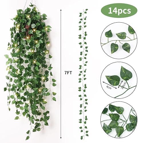 CEWOR 14 Pack 98ft Fake Ivy Vines, Artificial Ivy Garland with 100 LED String Lights, Hanging Plants Greenery Backdrop Green Leaves for Bedroom Room Wall Decor Wedding Party Table Decoration thumbnail 4