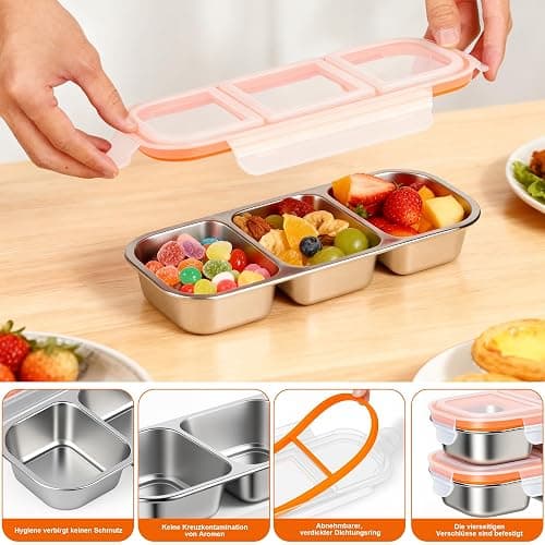 Snackbox,2 Stück Edelstahl Snack-Behälter mit Fächern und Transparent Kunststoff-Deckel, Stapelbar Edelstahl Lebensmittel Lagerung Brotzeit Behälter,Tragbare Snack-Platten für Schule Arbeit Camping thumbnail 4