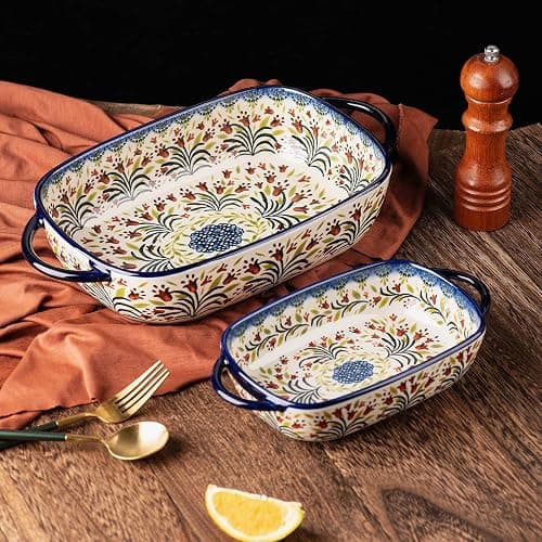 ONECCI Baking Dish Ceramic Baking Pan Blue Casserole Dish Rectangular Baking Set 2pcs Bakeware Sets Single Serving Size Lasagna Pan Baking Dishes for oven (The tulip) thumbnail 4