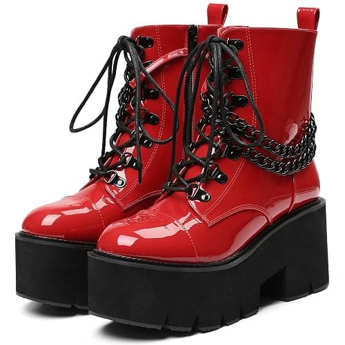 CYNLLIO Platform Ankle Boots for Women Combat Chunky Wedge Heel Boots Rave Goth Lace Up & Zipper Booties Punk Chain Shoes for Festival Concert Cosplay Party - Image 1