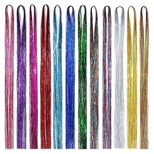 SYEYCW 12 Pieces 2400 Strands Hair Tinsel, 93 cm / 36.6 inch Hair Glitter Strands, Shiny Colorful Straight Hairs Extensions, Accessories for Christmas New Year Halloween Cosplay Party, 12 Colors - Image 1