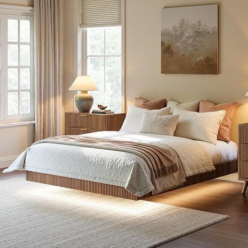 Evermagin Walnut Queen Floating Bed Frame with led Lights, Fluted Platform Bed No Headboard, Heavy Duty Mid Century Modern Float Metal Bedframe, No Box Spring Needed (Walnut, Queen-10in high) - Image 1