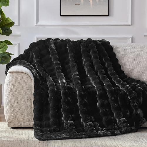 Anysay Faux Fur Throw Blanket, 1000GSM Fluffy Soft Bubble Blanket for Couch Bed, Cozy Plush Warm and Thick Blanket, Fuzzy Rabbit Lola Throw for Living Room Bedroom 90''*104'' Black thumbnail 3