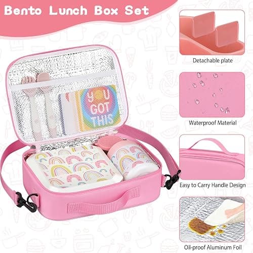 wiwens Bento Lunch Box for Kids with 12oz Soup Thermo Leak-Proof Lunch Food Container with 5 Compartment Thermo Hot Food Jar and Insulated Lunch Bag for Kid Toddler Girls Boys to School thumbnail 6