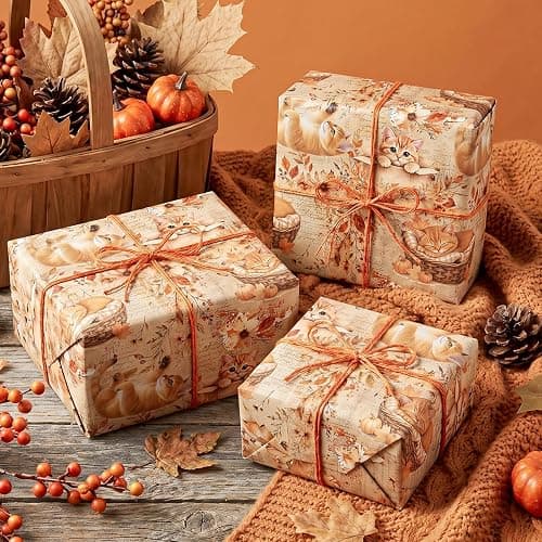 WRAPAHOLIC Kraft Fall Wrapping Paper Roll - Mini Roll - 17 Inch x 16.5 Feet - Cat, Autumn Maple Leaves, Pumpkin Wrapping Paper for Autumn, Thanksgiving, Party, Holiday thumbnail 4