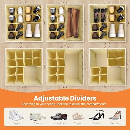 Foyego 2 Pack Shoe Organizer for Closet, with Wheels, Beige and Grey | Fits 32 Pairs, with Adjustable Dividers and Clear Cover, Saving Space Foldable Fabric Closet Shoe Storage Organizer Box Bins thumbnail 7
