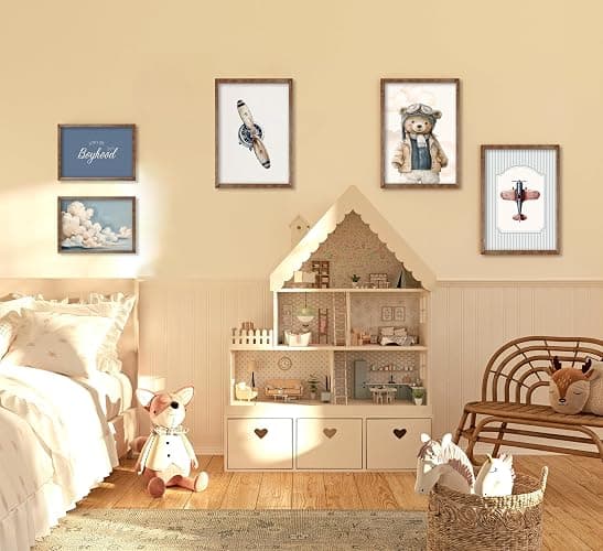Vintage Baby Boy Nursery Wall Art Retro Airplane Travel Kids Room Canvas Wall Decor Teddy Bear Pictures Navy Blue Aviation Posters Cloudy Sky Painting Print Artwork for Boy Room Playroom, Unframed thumbnail 5
