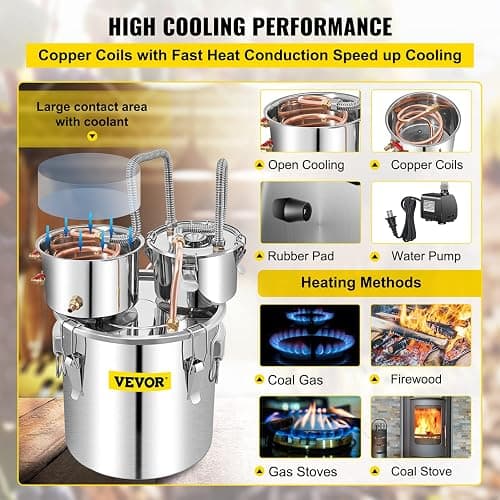 VEVOR Alcohol Still 13GAL/50L, Alcohol Distiller with Thumper Keg, Distillery Kit for Alcohol with Copper Tube & Build-in Thermometer & Water Pump thumbnail 5
