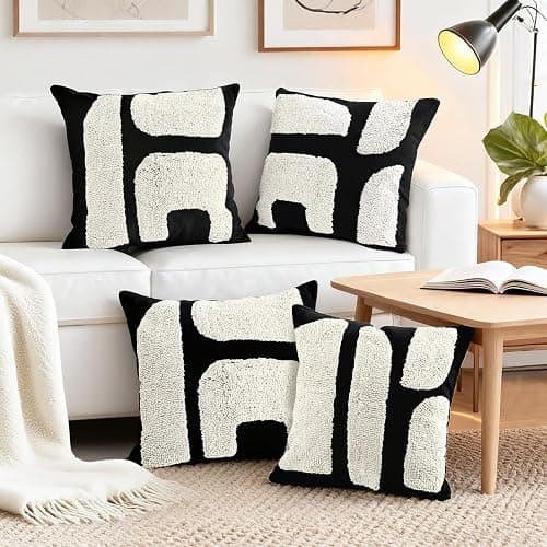 LandIdyll 4 Pcs Black and Cream Chunky Tufted Pillow Covers 18 x 18 Inch Boho Black and White Throw Pillow Covers Set Decorative Modern Abstract Geometric Pillowcase for Living Room Bed Couch Sofa - Image 1