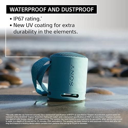 Sony SRS-XB100 Wireless Bluetooth Portable Lightweight Super-Compact Travel Speaker, Durable IP67 Waterproof & Dustproof Shower Speaker, 16 Hr Battery, Versatile Strap, Hands-free Calling, Light Gray thumbnail 4
