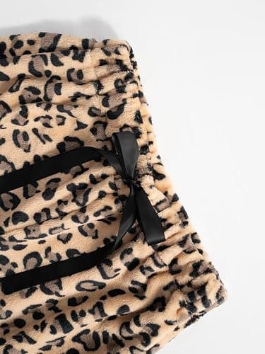 VCM Leopard Print Pants Y2k High Waisted Baggy Trousers Drawstring Fluffy Cheetah Fuzzy Pajama Sleepwear thumbnail 5