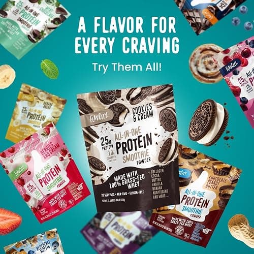 FlavCity All in One Protein Shake Powder, Butter Coffee - 55mg Caffeine + Collagen Peptides, Reishi & Cordyceps - Focus, Skin, Hair & Joint Support - 100% Grass Fed Whey, 20 Servings thumbnail 7