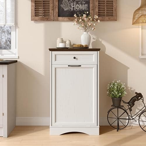 NEWOWNDS Tilt Out Trash Can Cabinet 13 Gallon Hidden Trash Garbage Can Cabinet with Drawer,Waterproof Cutting Board,Pet Proof Hidden Garbage,Laundry Bathroom, White thumbnail 7