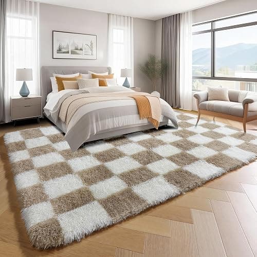 KICMOR Area Rugs for Bedroom Living Room, 4x6 Fluffy Soft Beige and Cream White Checkered Rug Fuzzy Shag Shaggy Carpet, Indoor Plush Rugs for Kids Boys Girls Dorm Nursery Office Home Decor Aesthetic thumbnail 3