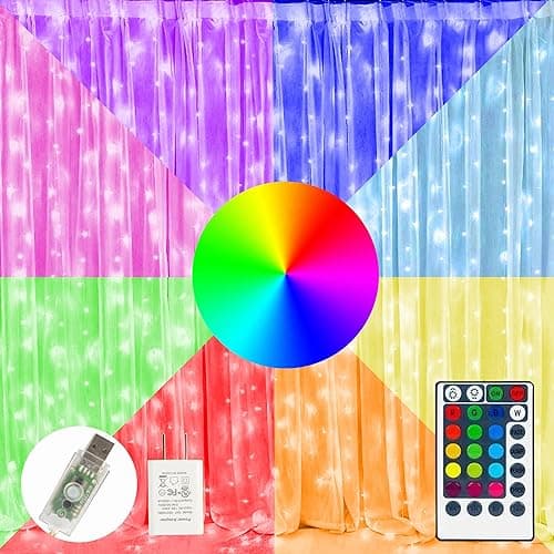 FUNPENY 300 LED Window Curtain Lights, 4 Lighting Modes Fairy Copper Lights with Remote, USB Powered RGB Color Changing String Icicle Lights for Indoor Outdoor Christmas Wedding Party Decor - RGB Color Changing