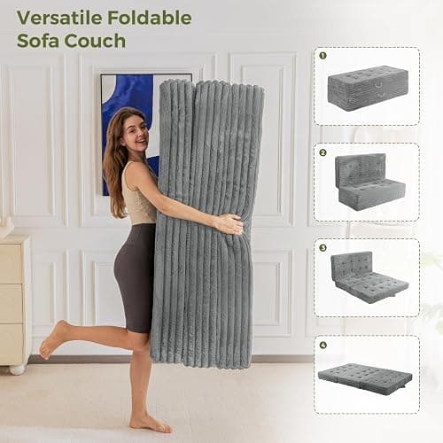 MAXYOYO Folding Sofa Couch Bed, 6 Inch Tri-Fold Floor Sofa Bed, Folding Mattress with Handles, Soft Faux Fur Folding Bed with Supportive Foam Filling, Portable Couch for Living Room, Twin, Grey thumbnail 7