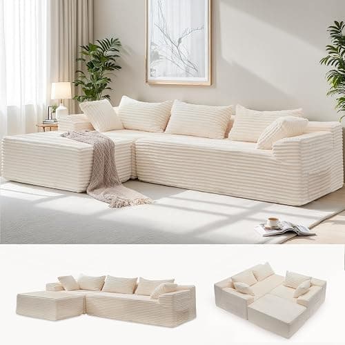 Korser 110" L-Shaped Modular Sectional Sofa with Chaise, Boneless Comfy Corduroy Fluffy Couch with Deep Seat and Side Pockets, Flexible Module Combination for Living Room, No Assembly, Side Pockets - Image 1