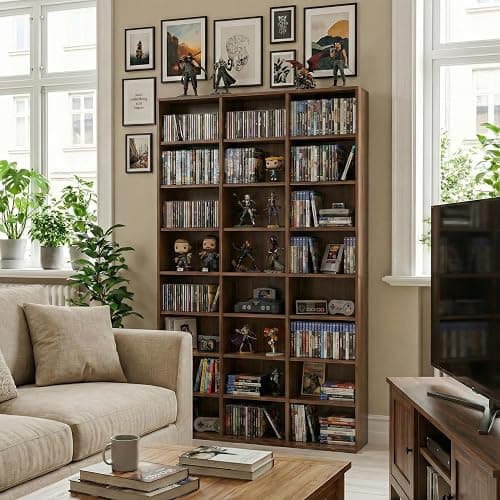 holzart 8-Tier Media Storage Cabinet, Tall Wooden CD DVD Rack Organizer, Freestanding Media Display Shelf Tower for Video Games, Movies, Books and Collectibles, 40" x 64", Rustic Brown Finish thumbnail 9