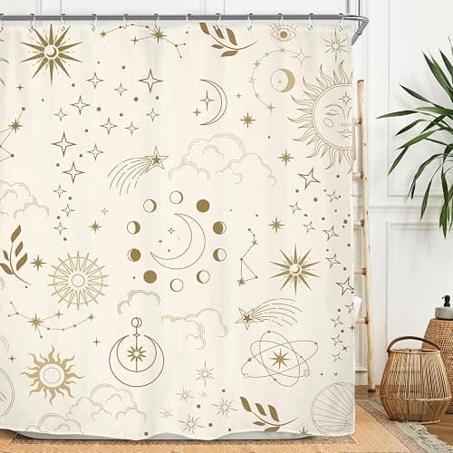 Miyotaa Moon Phase Celestial Shower Curtain Set 60Wx71H Inches Mysterious Constellation Astrology Beige Crescent Tarot Witchy Polyester Bathroom Curtain with 12 Hooks - Image 1