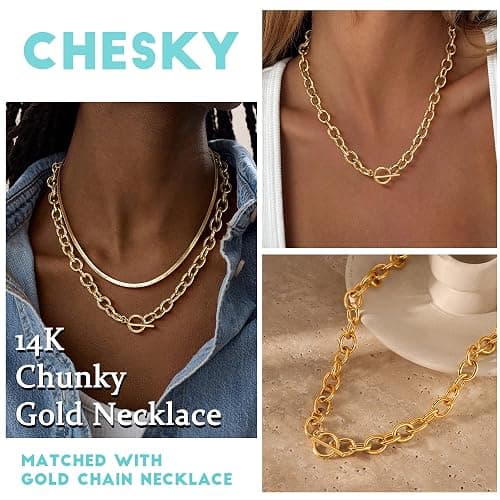 CHESKY 14K Gold Plated Chunky Necklace for Women, Trendy Paperclip Chain Necklace Thick Cross Heart Pendant Necklace Layered Herringbone Cuban Link Chain Toggle Necklaces Non Tarnish Jewelry thumbnail 5