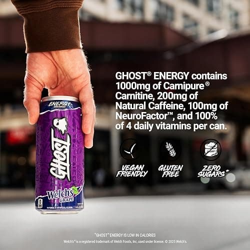 GHOST Energy Drink - 12-Pack, Welch's Grape, 16oz Cans - Energy & Focus & No Artificial Colors - 200mg of Natural Caffeine, L-Carnitine & Taurine - Gluten-Free & Vegan thumbnail 5