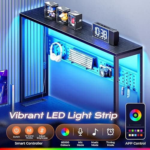 PRAISUN L Shaped Gaming Desk with LED Lights & Power Outlets | Reversible Computer Desk with Storage Shelves & Bag, Large Corner Home Office Desk with Pegboard for Work from Home, Black thumbnail 4