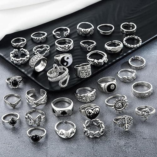 17IF 26-35 Pcs Vintage Silver Knuckle Rings Set for Women Men, Grunge Gothic Rings Chunky Aesthetic Snake Stackable Adjustable Punk Bulky Finger Alt Fairy Skull Frog Heart Star Flower Midi Ring Pack - Image 1