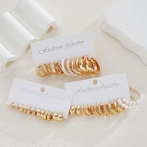 Gold Hoop Earrings Set for Women, 18 Pairs Hypoallergenic Statement Open Pearl Hoops Earring for Multipack, Gold Chunky Hoop Earrings for Women Trendy Jewelry thumbnail 7