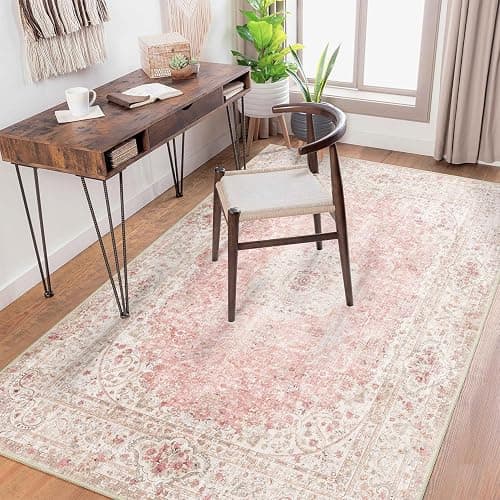 Castage Pink Rug 4'x6.5',Washable Area Rugs for Bedroom Living Room Kitchen Entryway,Small Boho Vintage Bohemian Distressed Non Slip Carpet,Blush thumbnail 3