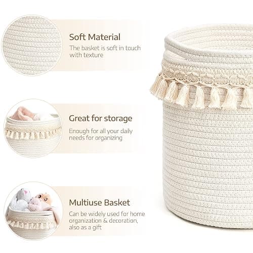Mkono Macrame Decorative Cotton Rope Basket Boho Nursery Decor Small Cute Woven Tassel Closet Storage Bins Organizer for Baby Toys,Magazines, Potted Plants Cover,Living Room,Bedroom, 11"x11" thumbnail 5