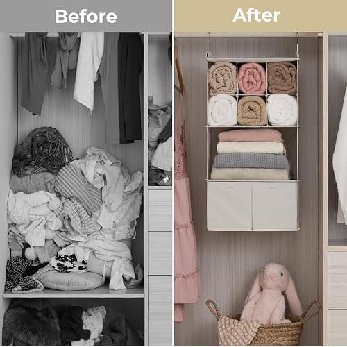 GRANNY SAYS Hanging Closet Organizer with Drawers, 4 Shelf Dividers Closet Hanging Organizer, Foldable Hanging Shelves for Clothes Organizer, Small Closet Organizers and Storage, Beige thumbnail 7