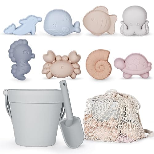 MarcZero 11Pcs Silicone Beach Toys Set - Travel Friendly With Bucket, Shovel, 8 Sand Molds, Bag - Modern Baby Sand Toys for Toddlers, Kids (Gray) - Gray - Image 1