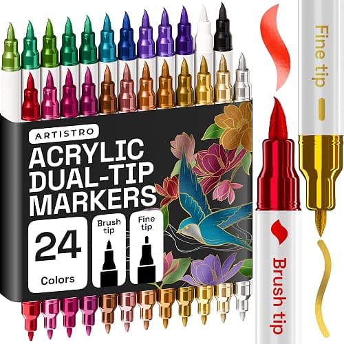 ARTISTRO 24 Metallic Dual-Tip Acrylic Paint Marker Pens for Drawing | For Fabric, Rock, Glass, Wood, Arts & Crafts Gift for Adults, Teens & Kids, Pumpkin Decorating Kit & Halloween Crafts - Image 1