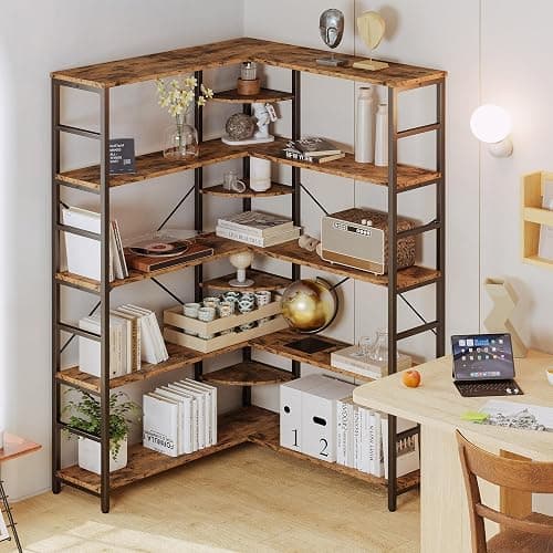 IRONCK Industrial Bookcases and Bookshelves, Book Shelf, Vintage Brown | 5 Tiers Corner Bookcase with Curved Panels, L Shaped Bookshelf with Metal Frame for Open Storage for Living Room, Home Office thumbnail 9